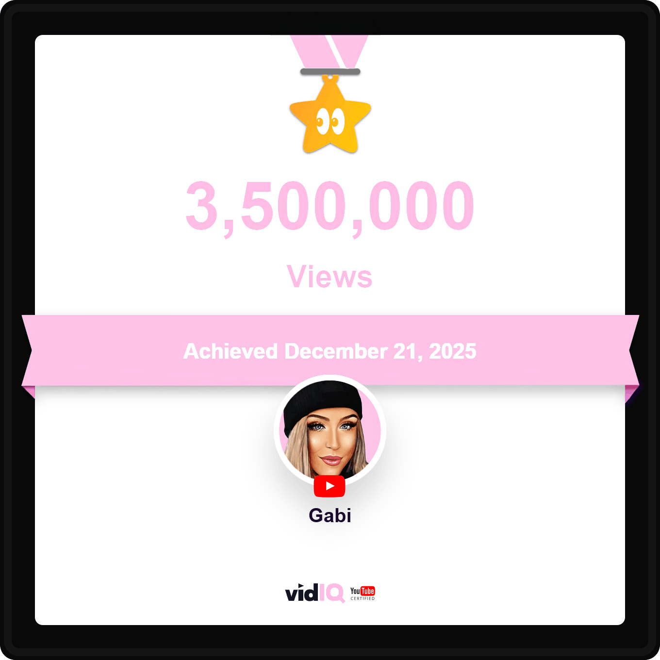 Achievement certificate with a star medal for 3.5 million views, dated December 21, 2025, featuring an avatar and YouTube logo for Gabi.