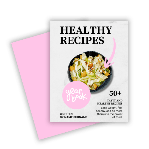 Cover of a cookbook titled 'Healthy Recipes' featuring a bowl of salad, offering 50+ recipes with pink accents for a fresh, vibrant feel.