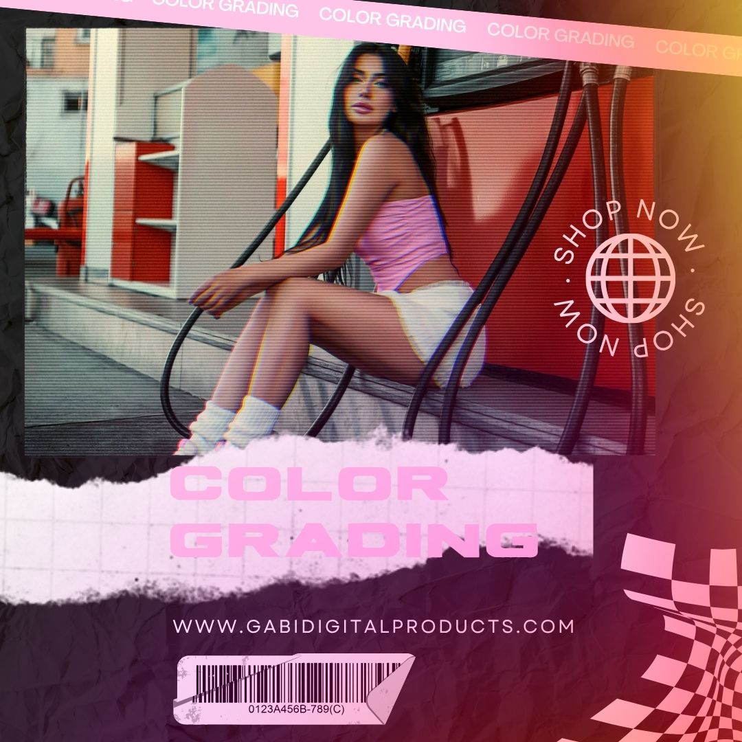 A woman in a pink top and white shorts sits near vintage gas pumps, with vibrant color grading, text reading 'Color Grading' and 'Shop Now,' and a website URL. Retro and playful vibe.