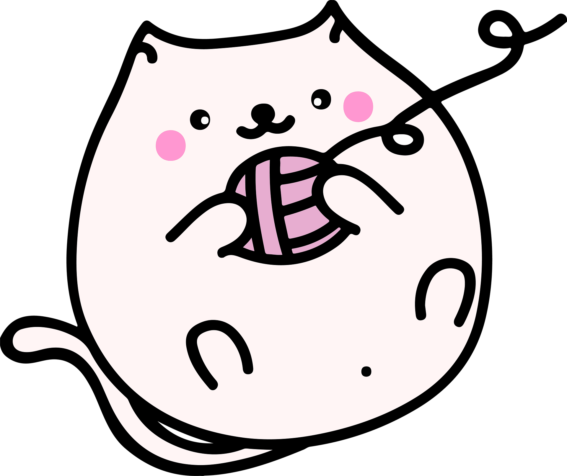 A cute, chubby cartoon cat with pink cheeks holding a pink and purple yarn ball, with a cheerful and playful expression.