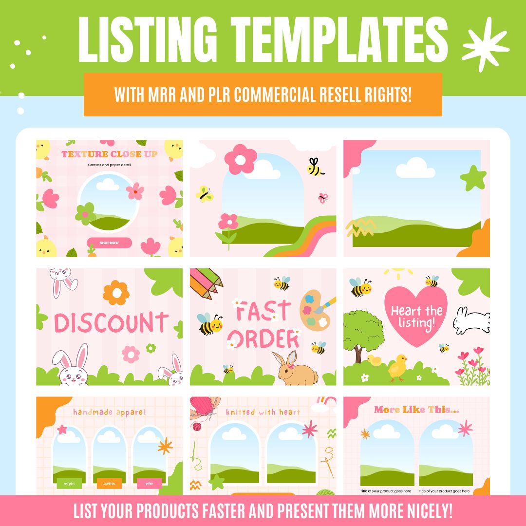 Colorful listing templates with playful designs of flowers, bees, and cartoon animals, including phrases like 'Discount,' 'Fast Order,' and 'Heart the listing!'