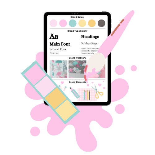 A tablet displaying a brand guideline with colorful swatches, fonts, and graphics. A pink paintbrush and splash add a creative, artistic vibe.