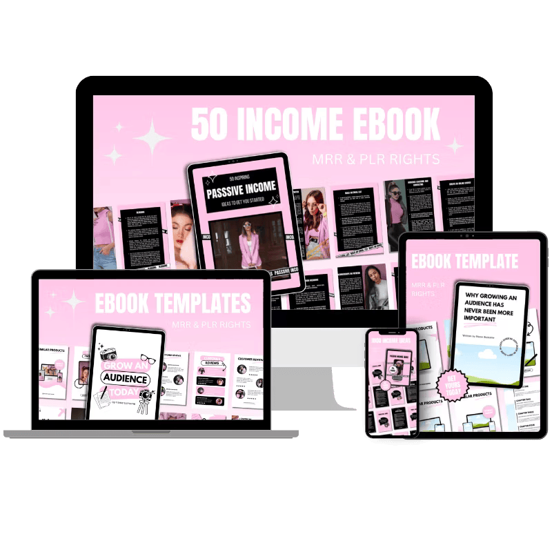 Digital mockup showcasing pink-themed eBook templates on multiple devices, including a computer, tablet, and smartphone, emphasizing income ideas.