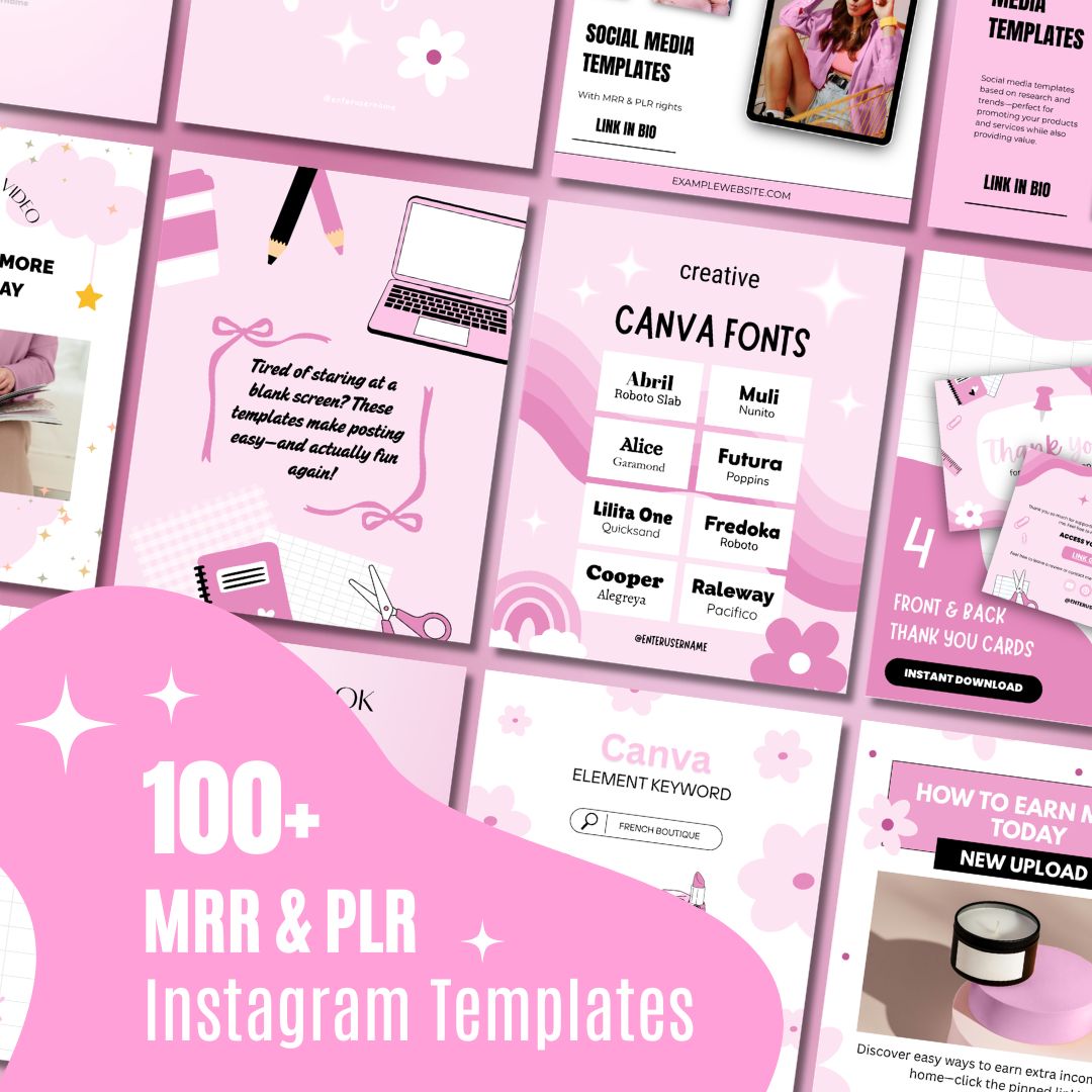Pink-themed collage showcasing over 100 customizable Instagram templates for social media, including icons, Canva fonts, and text tools. Fun and creative vibe.
