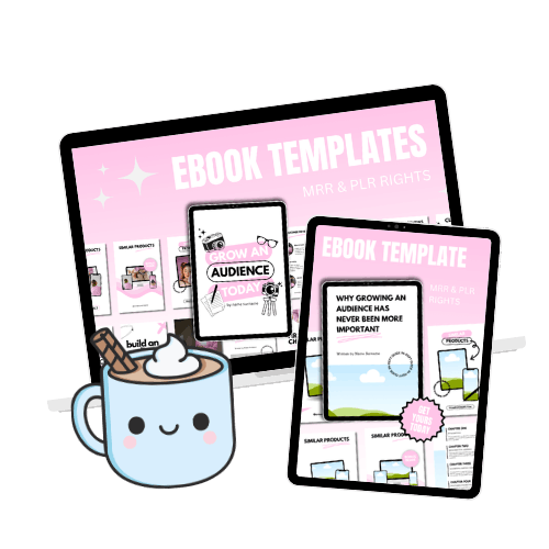 Illustration of a laptop and tablet displaying pink ebook template graphics with text about audience growth. A cute smiling mug of cocoa with cinnamon is in the foreground.