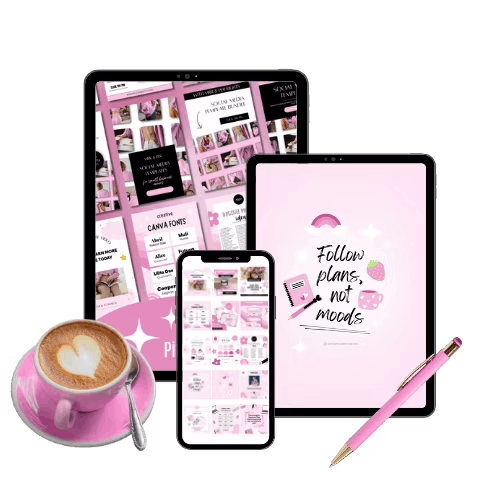 A tablet, phone, and laptop display pink-themed planners and quotes. Nearby are a pink coffee cup with latte art and a matching pink pen, creating a motivational and stylish scene.