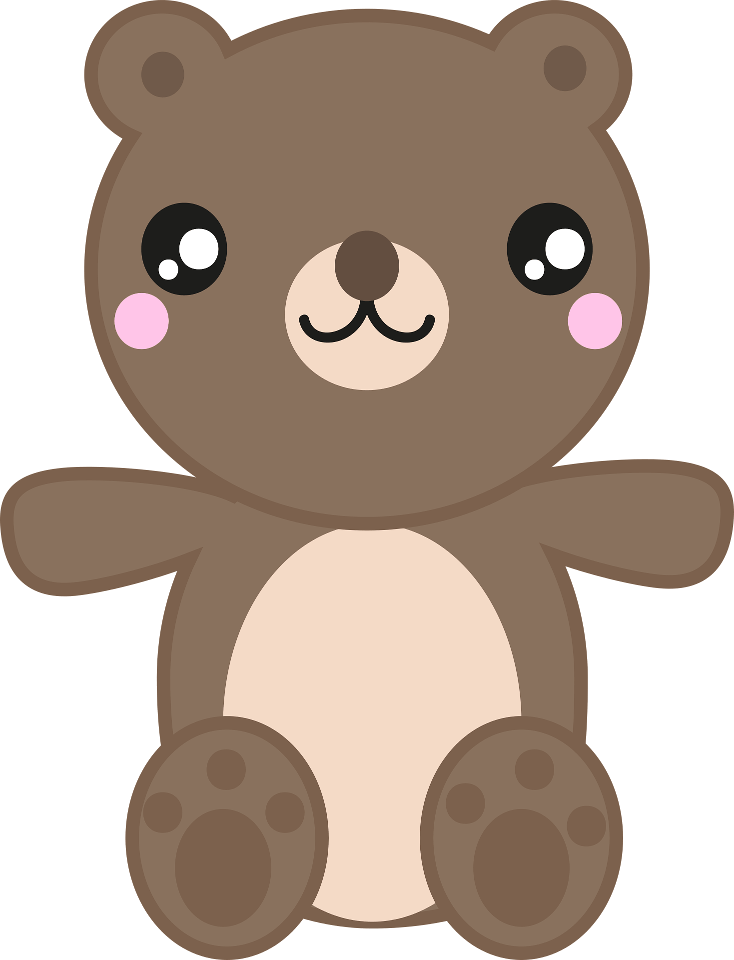 Cute cartoon bear with a brown body and beige belly, sitting upright with large shiny eyes, a small smile, and pink cheeks, conveying playfulness.