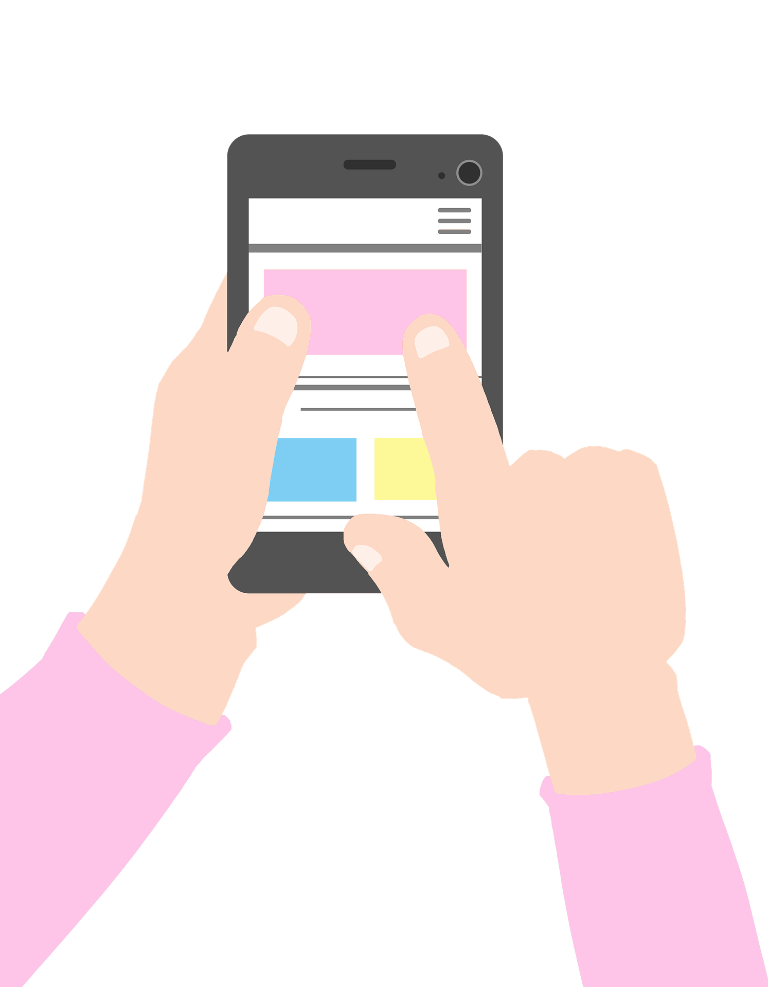 Illustration of hands in pink sleeves holding a smartphone with colorful content on screen, depicting a person navigating a digital interface.