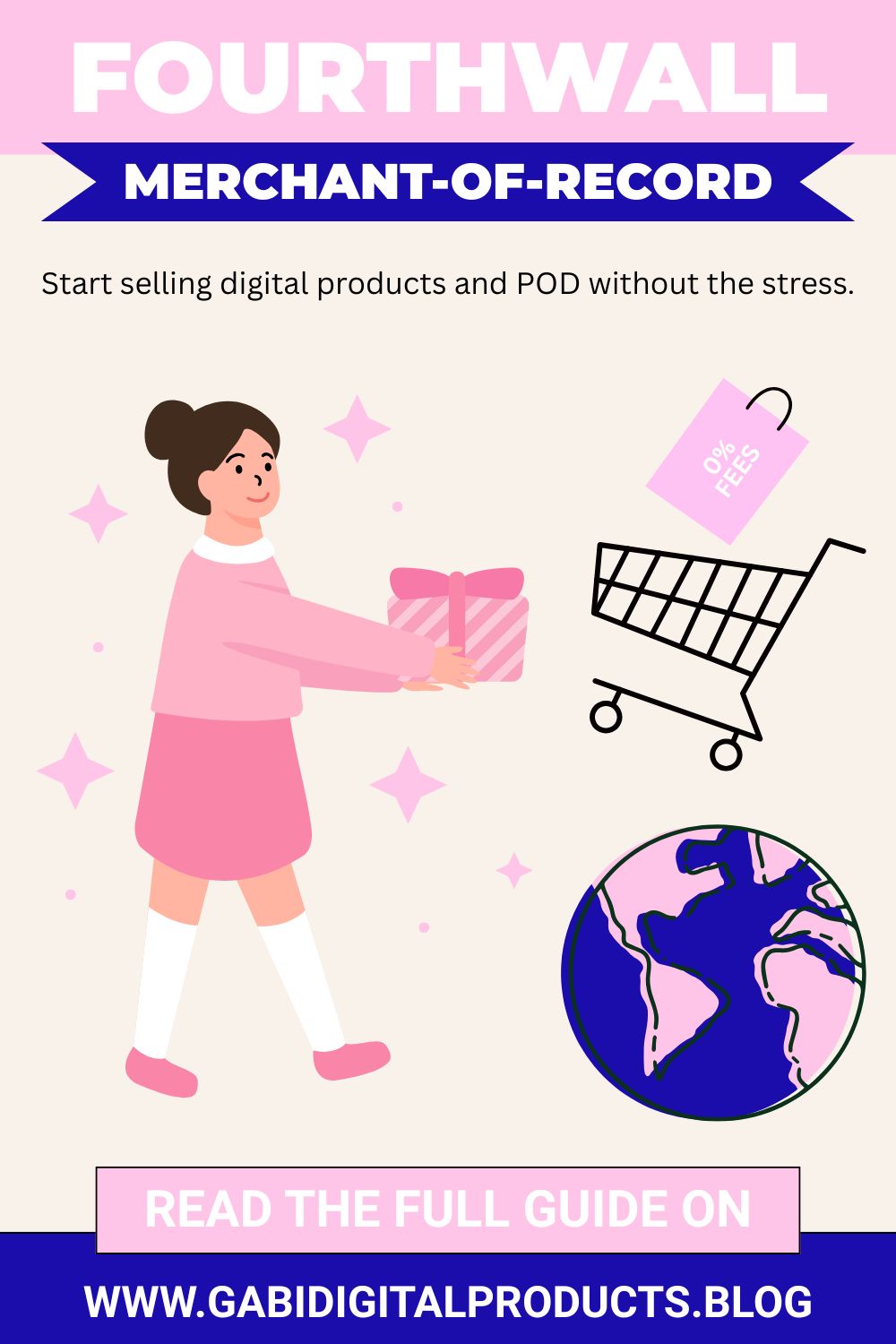 A woman in pink hands a gift to a shopping cart. Text reads "Fourthwall Merchant-of-Record" and "0% fees." Stars and Earth globe illustrated.