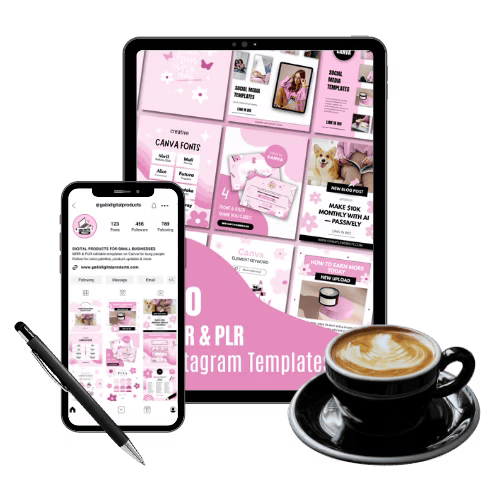 Tablet displaying pink-themed digital templates next to a smartphone showing a social media page. A black pen and cappuccino are beside them.