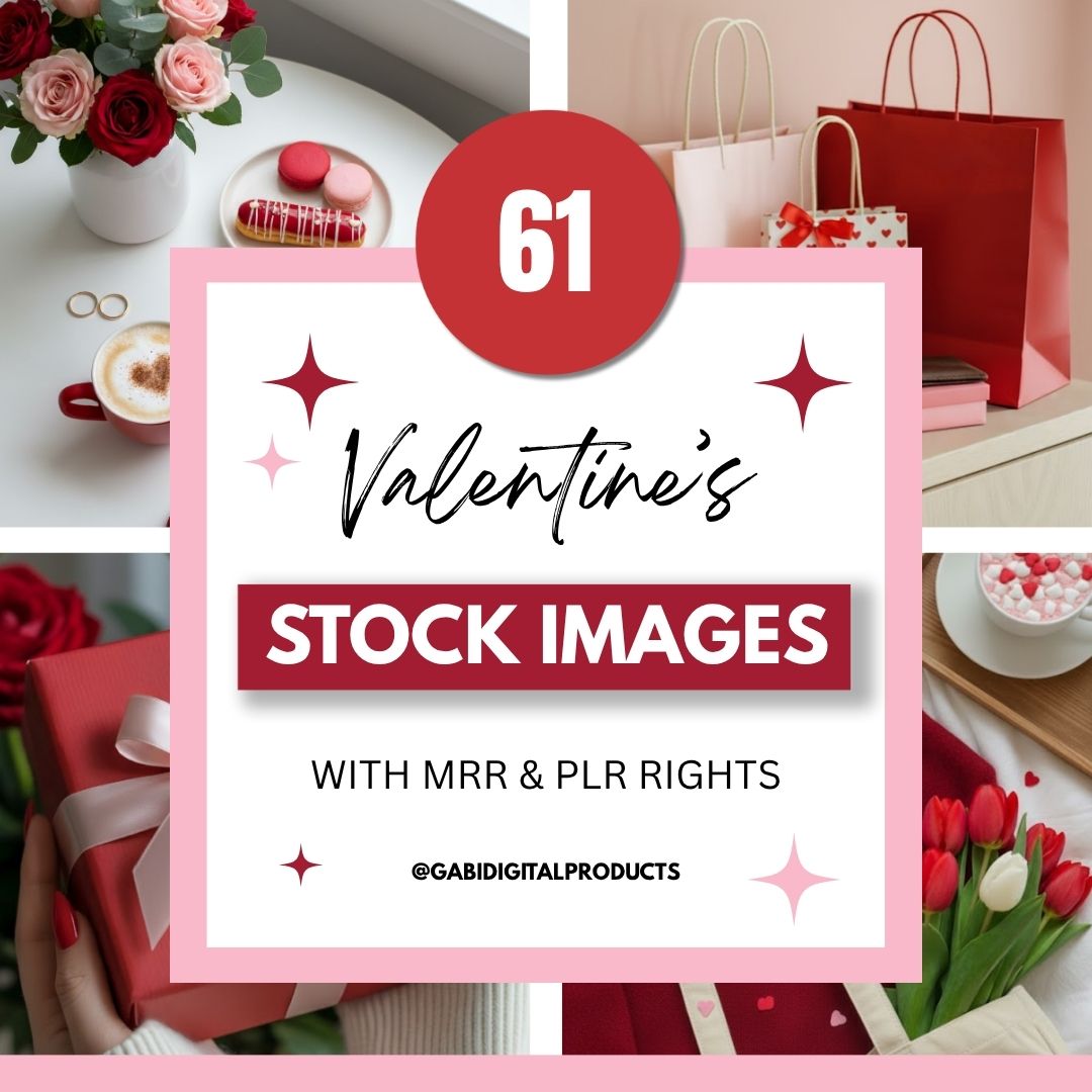 Collage with flowers, gifts, and coffee, with center text '61 Valentine's Stock Images with MRR & PLR Rights.' Romantic and festive mood.