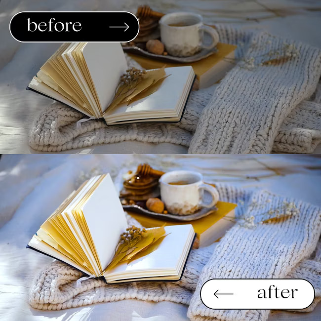 Cozy setting comparison: a book on a knitted blanket with warm tones and soft lighting improves in brightness and clarity.