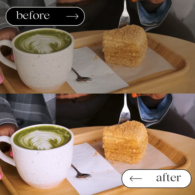 A tray with a matcha latte comparison showing improved color grading.