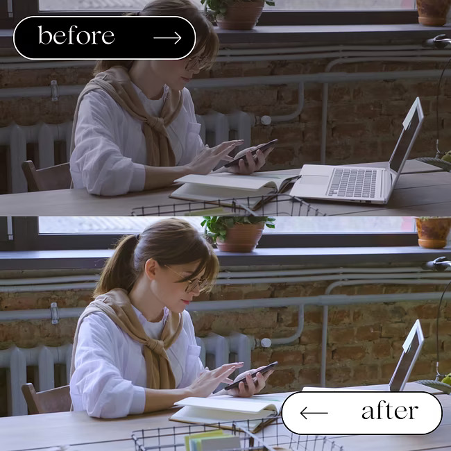 A woman in a cozy room uses a laptop. The after image shows enhanced tones and a cinematic feel.