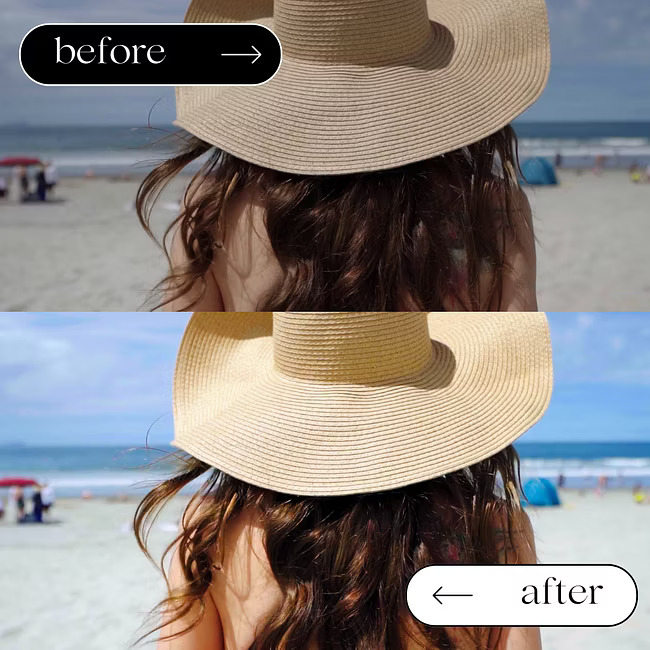 A woman at the beach. The after image is vibrant and colorful, showing the cinematic effect.