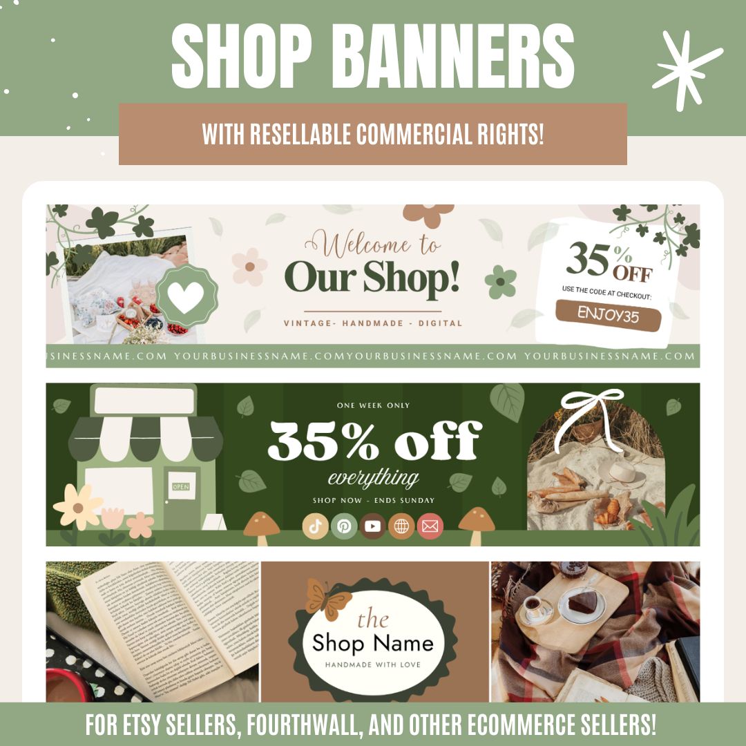 Cottagecore shop banner templates with earthy tones and floral motifs, showing a 35% discount display with commercial resell rights