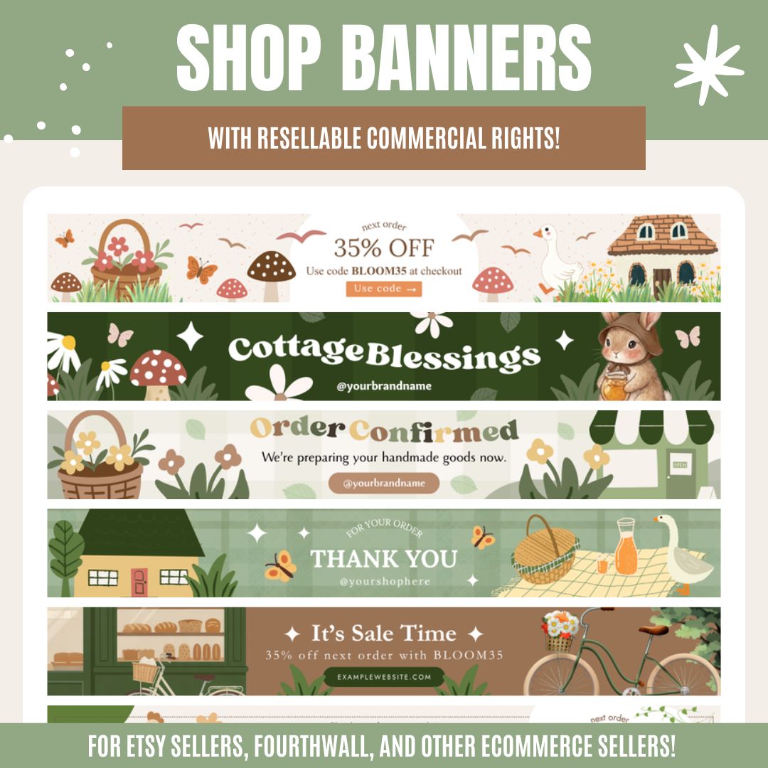 Six illustrated cottagecore order receipt banners with nature and gratitude themes for Etsy sellers