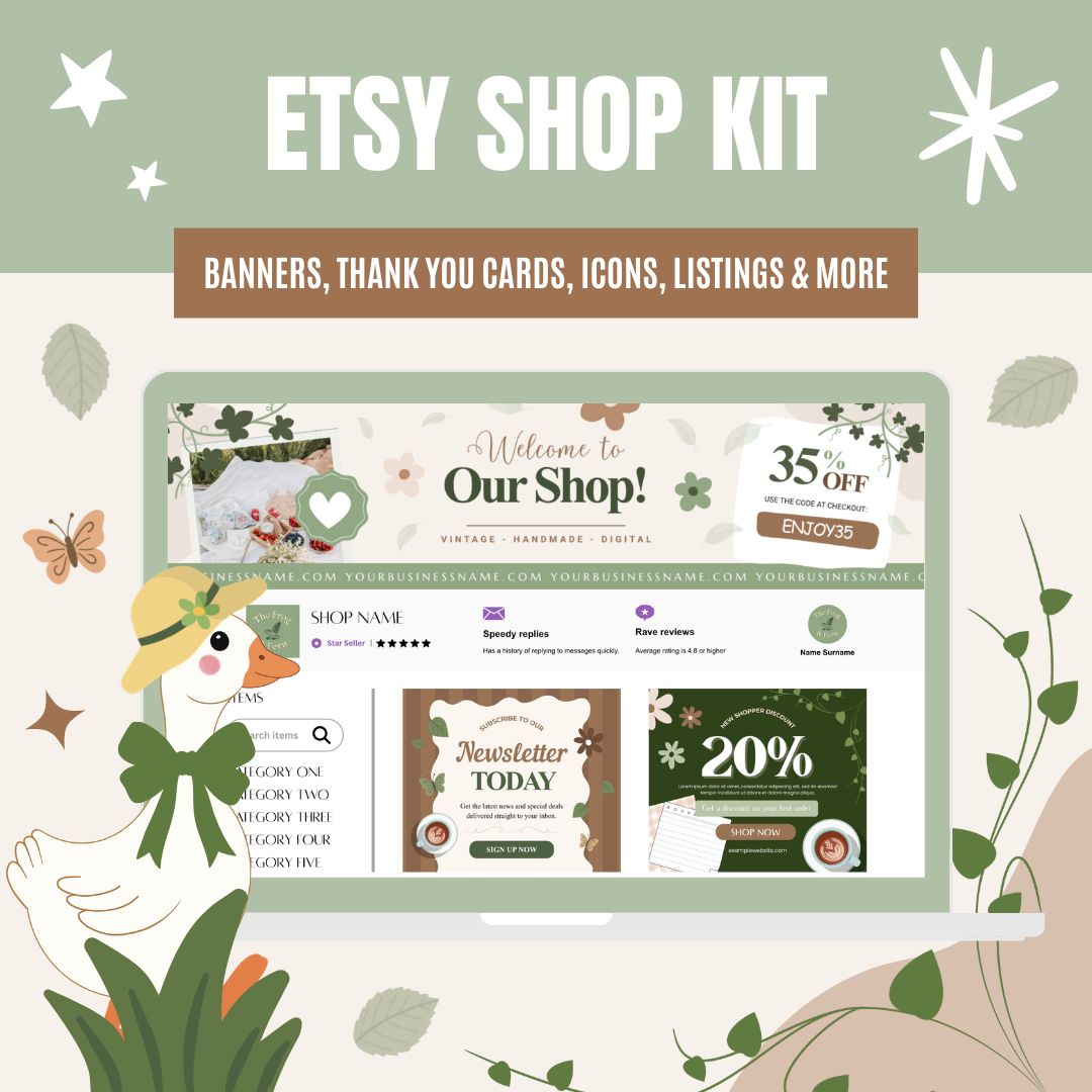 Cottagecore Etsy shop branding kit showing banners and promotional graphics with floral elements and a cartoon duck