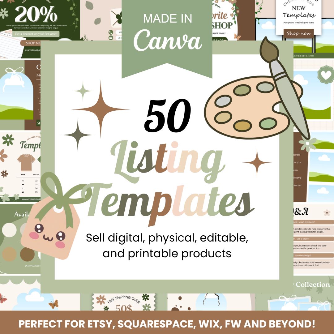 50 cottagecore listing templates made in Canva, pastel color scheme, compatible with Etsy, Squarespace and Wix