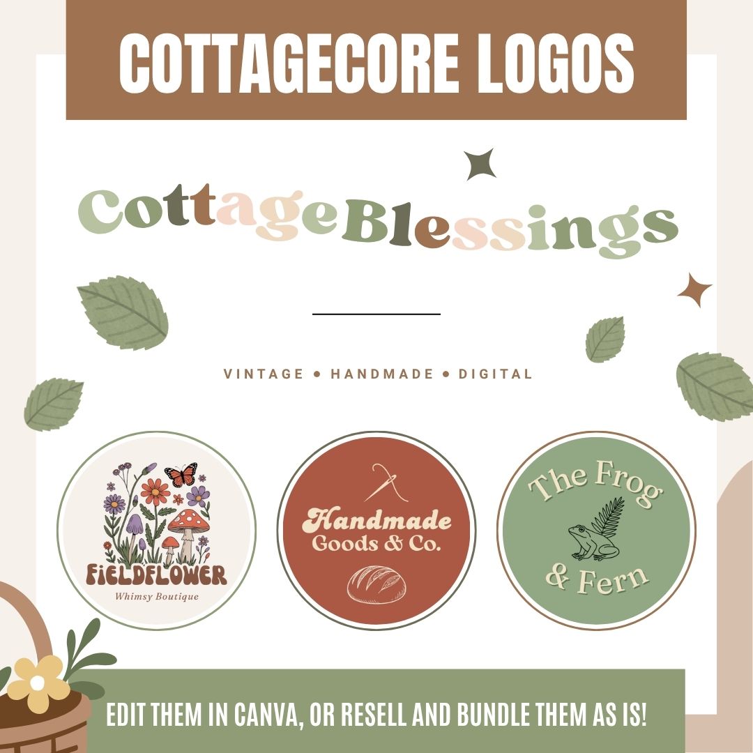 Cottagecore logo template samples in soft earthy tones featuring nature motifs, for brands like Fieldflower and The Frog and Fern