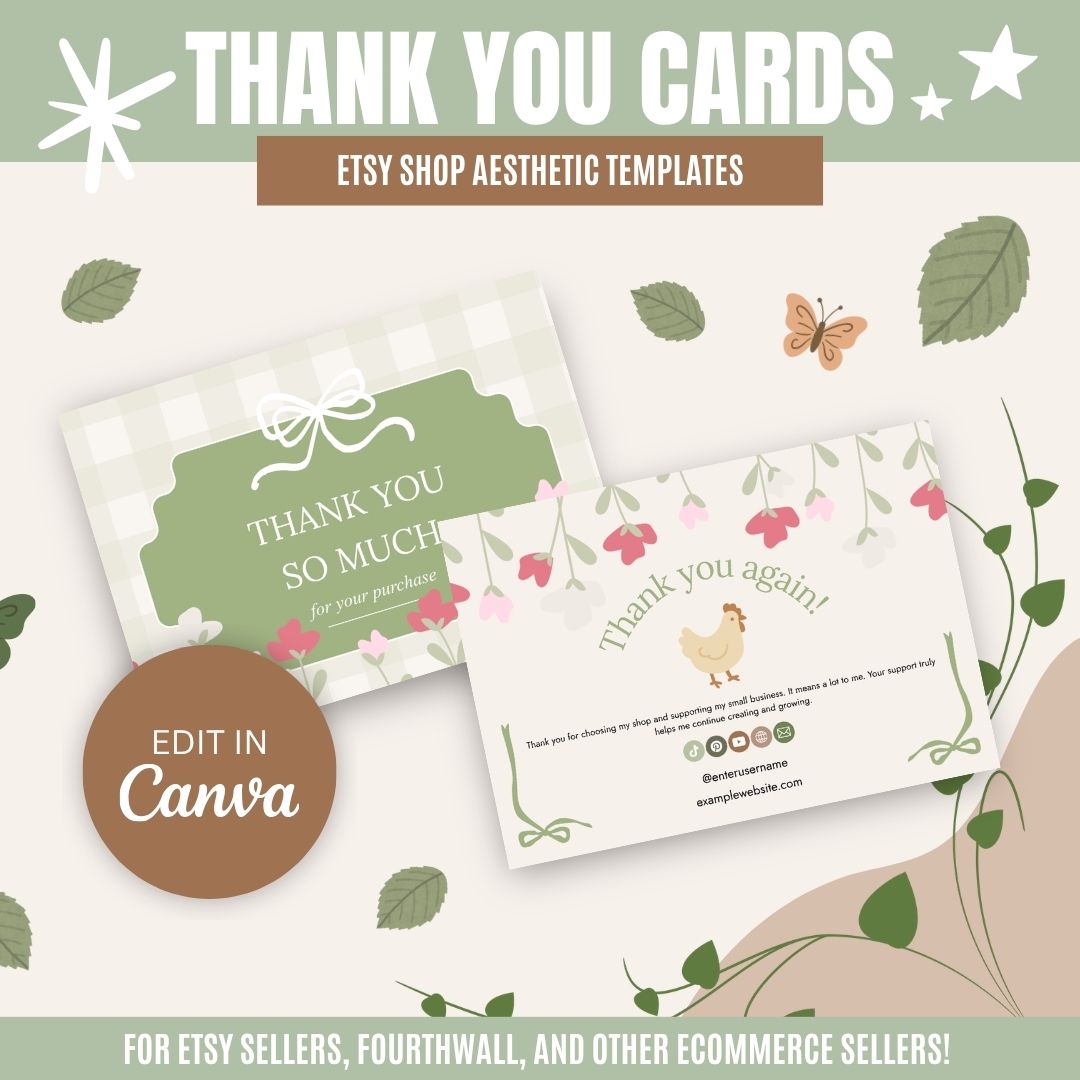 Two cottagecore thank you card templates — one plaid and floral, one with a chicken illustration — both editable in Canva