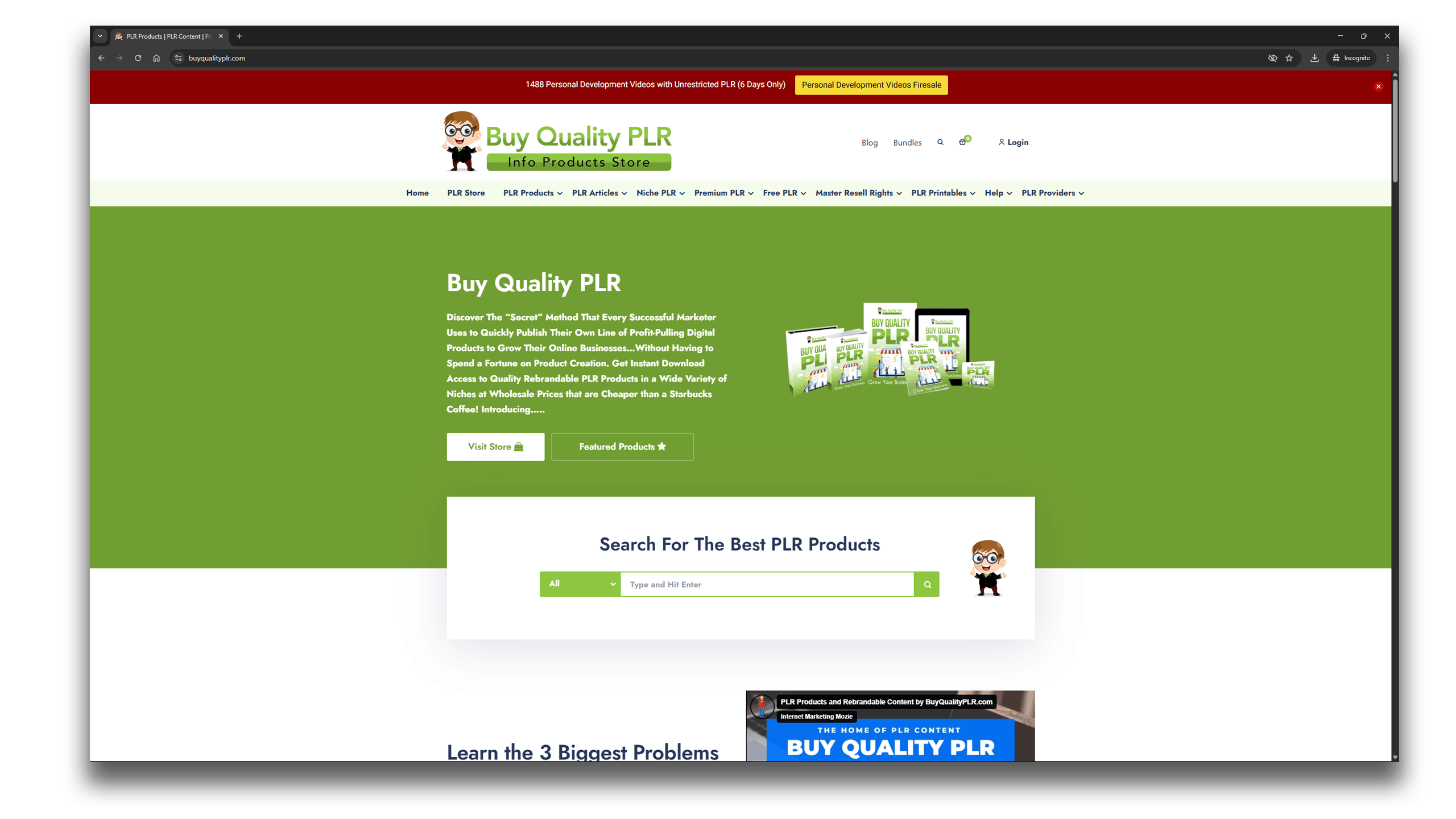 Screenshot of Buy Quality PLR website homepage. Features a green banner with logo and multiple navigation links. Search bar and digital product images displayed.