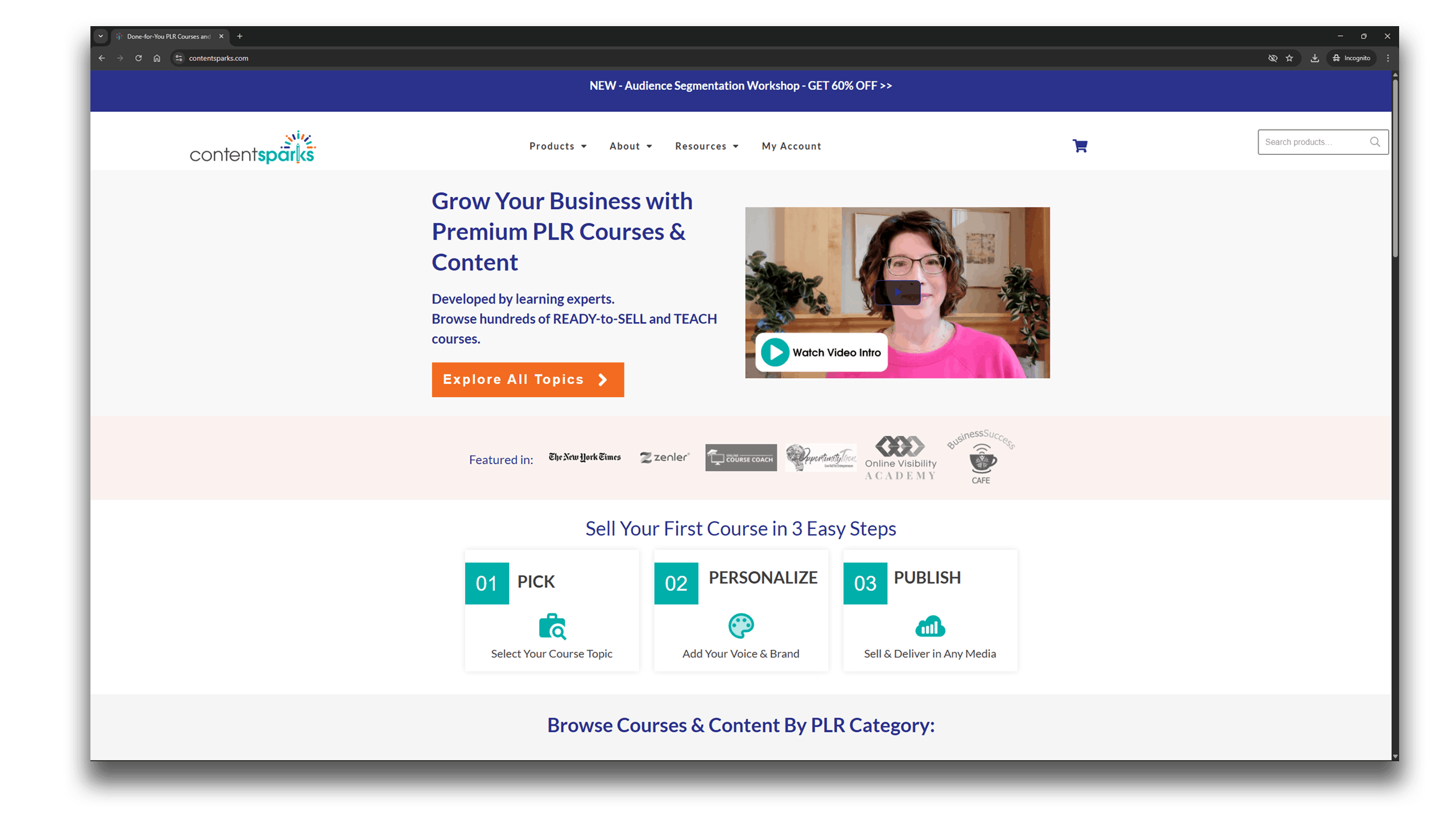 Best PLR websites Content Sparks homepage featuring a header promoting a 60% off audience segmentation workshop. A banner highlights premium PLR courses and content, with an image of a smiling woman in a pink top and glasses. Below, a three-step process is shown: Pick, Personalize, Publish, with a call-to-action button labeled 'Explore All Topics'. Professional and educational design.