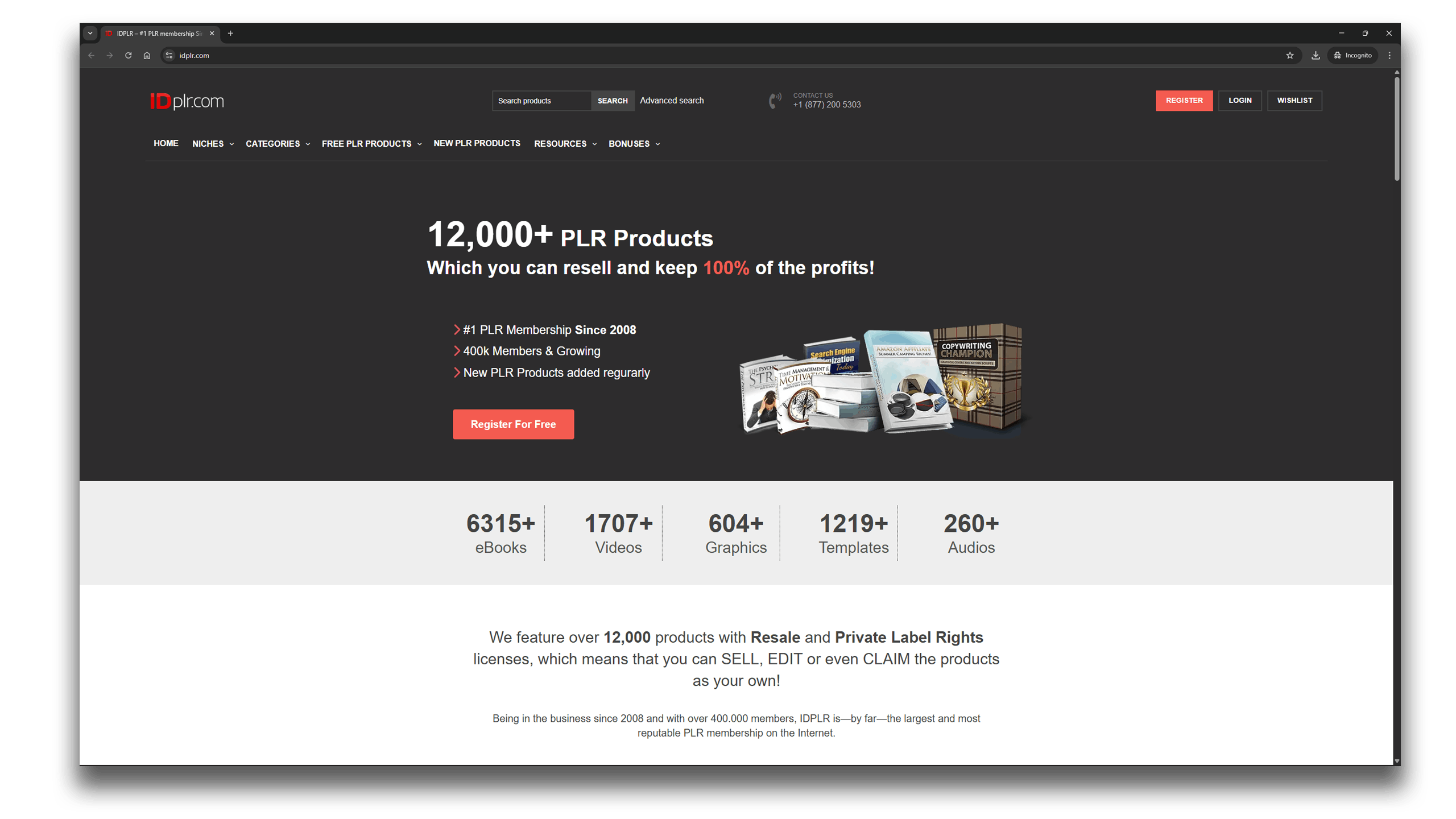 Best PLR websites IDPLR.com homepage showcasing over 12,000 PLR products, including eBooks, videos, graphics, templates, and audios. Tagline highlights 100% profit retention, with a red 'Register For Free' button.