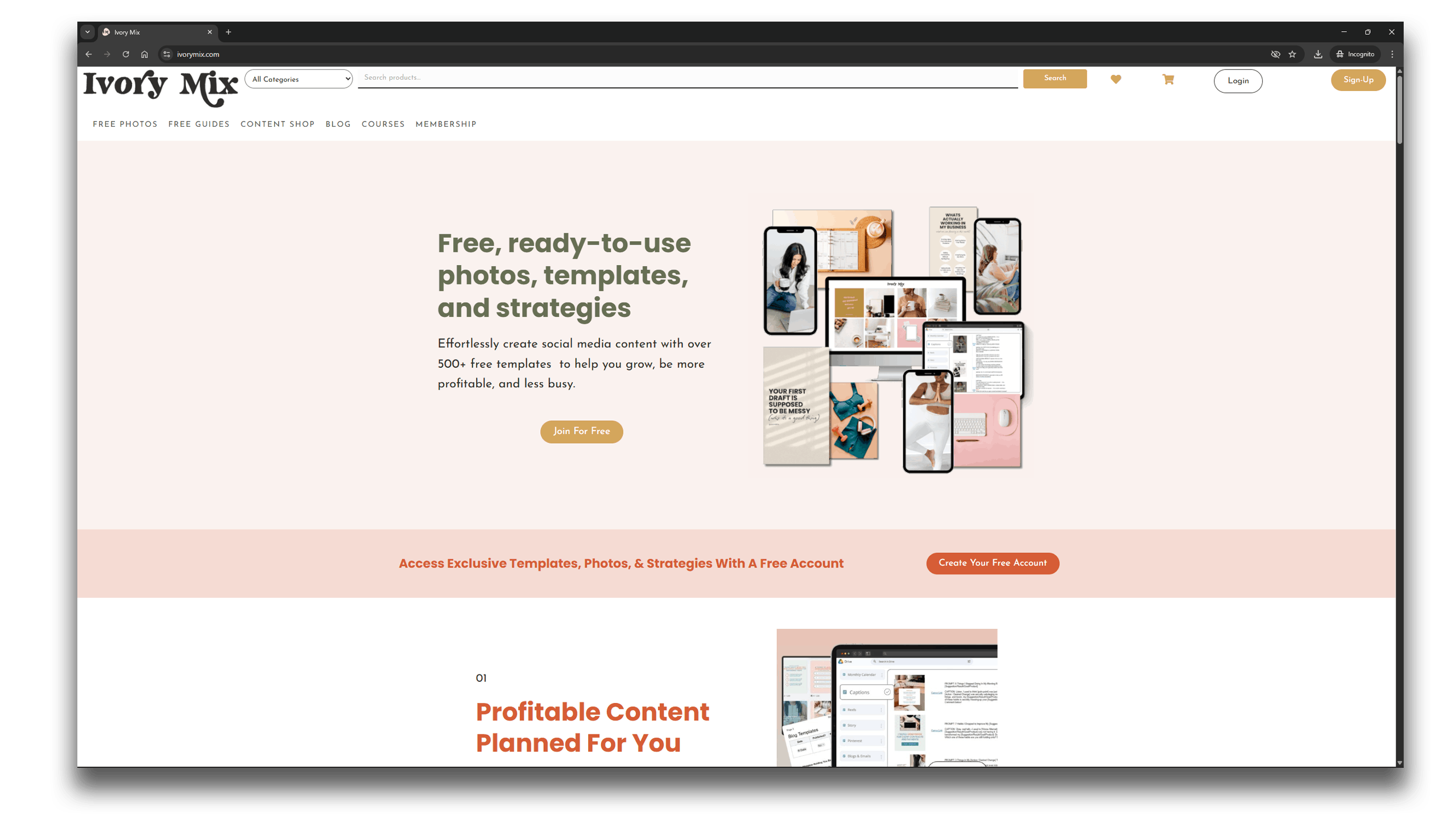 Best PLR websites Ivory Mix homepage showcasing free photos, templates, and strategies. Features a collage of device screens and a call-to-action to join for free.