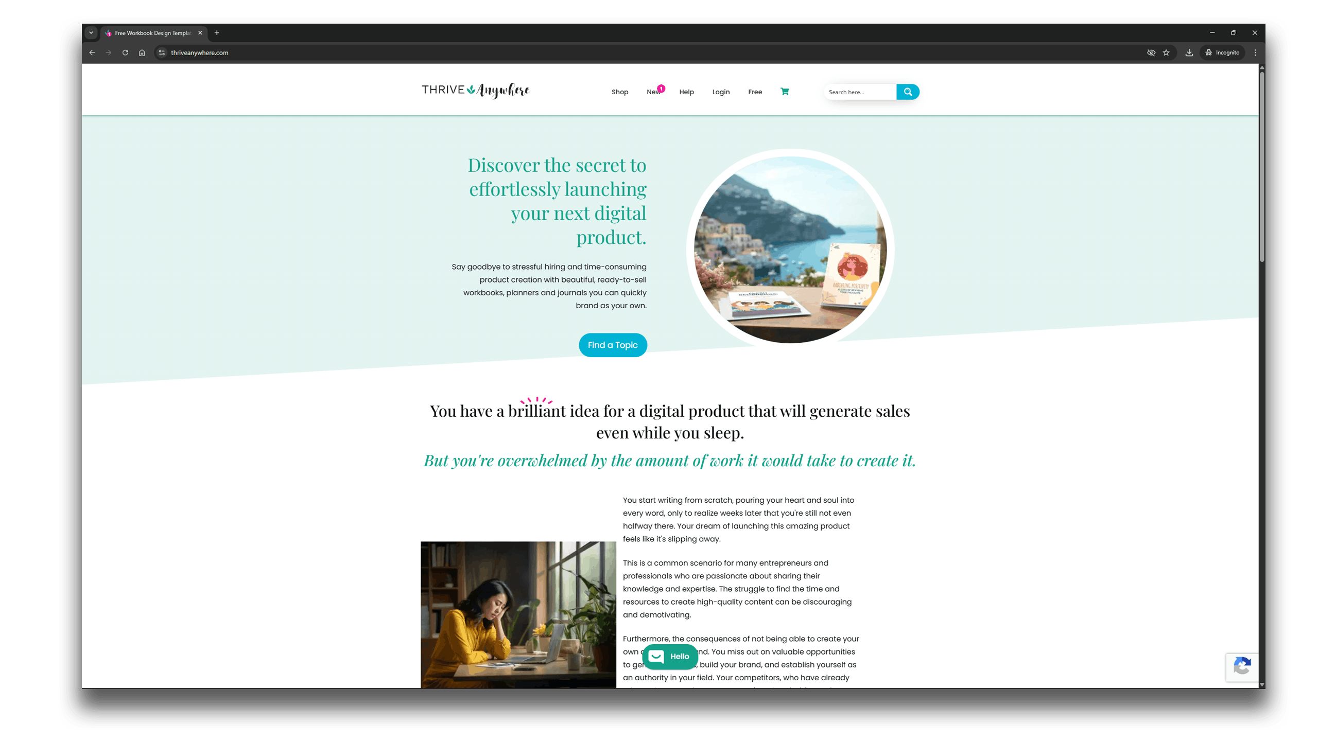 Website screenshot with a turquoise theme, headline about launching digital products effortlessly. Includes coastal image and a woman working on a laptop.