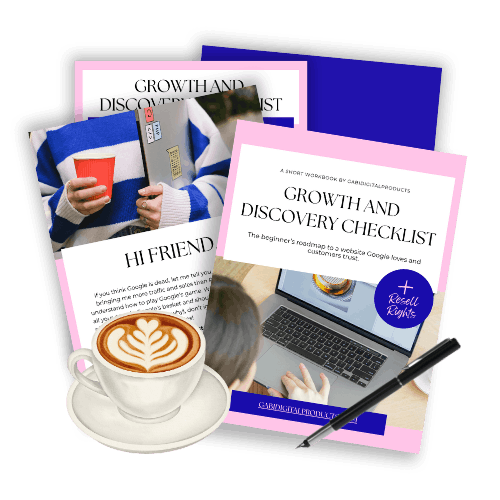 A growth and discovery checklist is displayed alongside a cappuccino and a pen. Nearby are two documents featuring a cozy striped sweater and coffee.