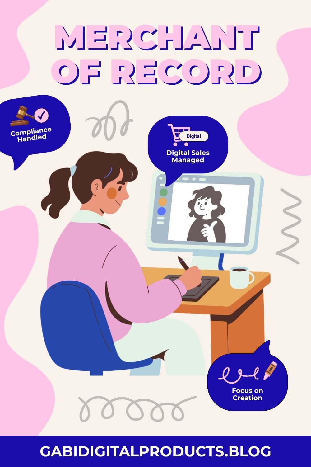 Illustration of a woman at a computer with “Merchant of Record” highlighted, showing the key difference in Fourthwall vs Shopify for digital sales, compliance, and focusing on creating.
