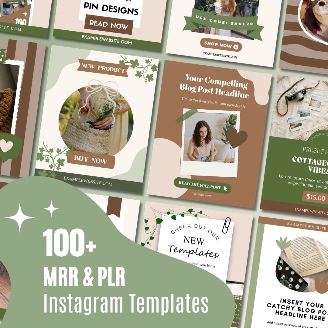 Collage of Instagram templates featuring earthy tones, nature motifs, and text like New Product and Read Now. Includes a woman with a basket and a cozy aesthetic.