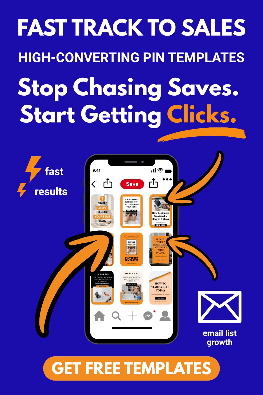Promotional graphic featuring a smartphone displaying blog posts, surrounded by bold text: "Fast Track to Sales" and "Get Free Templates." Bright, motivational tone.