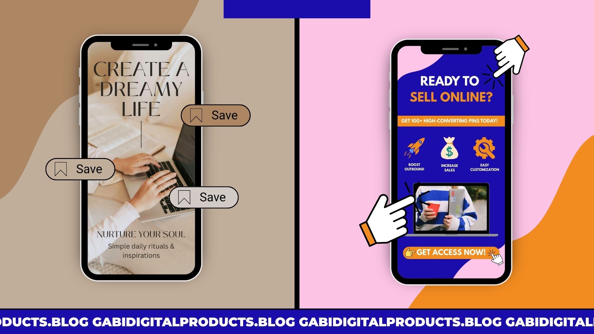 Split image showing Pinterest Pins Not Getting Clicks: Left phone screen displays 'Create a Dreamy Life' with a cozy, nurturing vibe. Right phone screen shows a bold ad for selling digital products online, emphasizing action and urgency.