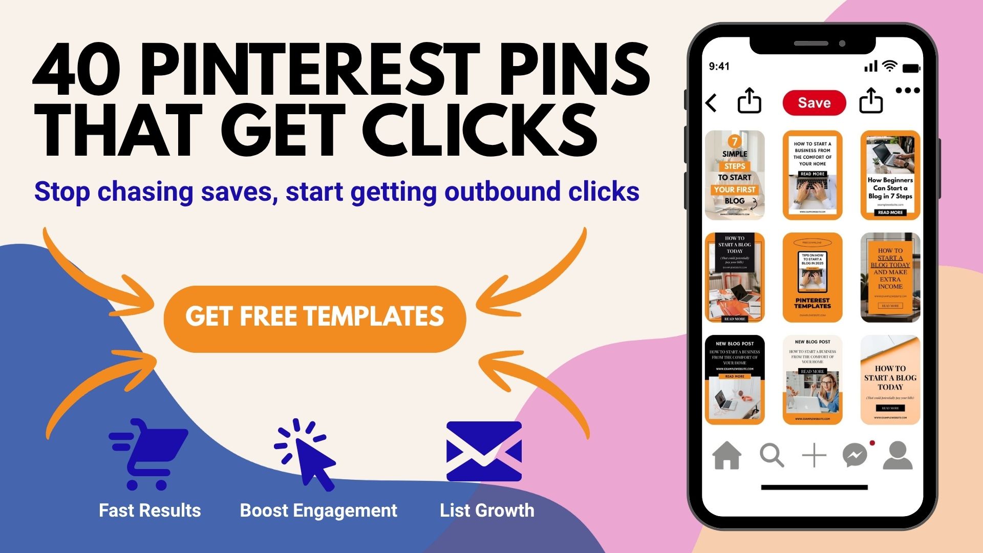 Promotional graphic about Pinterest Pins Not Getting Clicks with the text '40 Pinterest Pins That Get Clicks.' A smartphone displays Pinterest pins. Button reads 'Get Free Templates.' Icons suggest fast results, engagement, and growth.