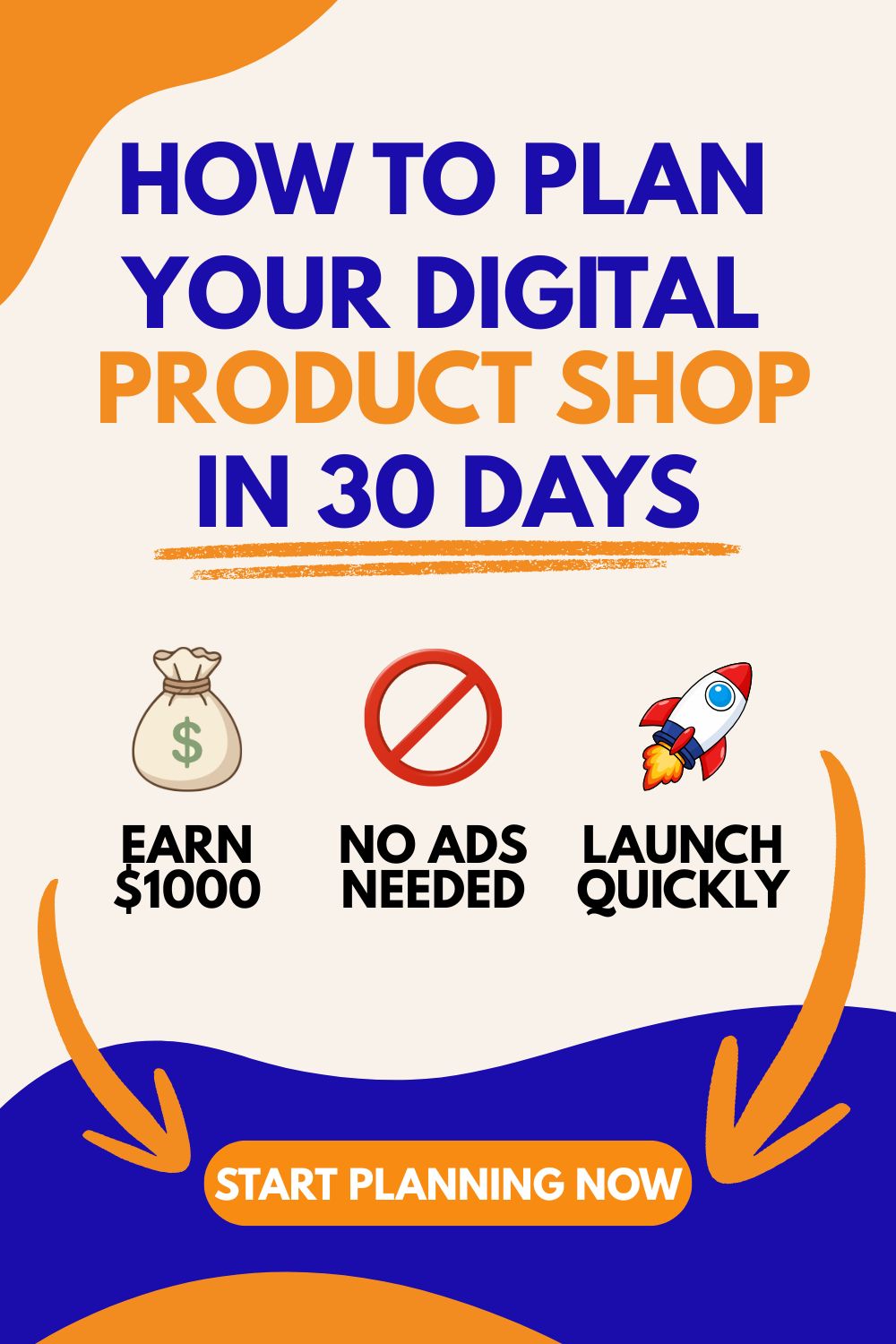 Promotional poster about Pinterest Pins Not Getting Clicks titled "How to Plan Your Digital Product Shop in 30 Days." Features icons of a money bag, no ads symbol, and rocket, with captions "Earn $1000," "No Ads Needed," and "Launch Quickly." Includes a "Start Pinning Now" button with orange arrows on a blue and orange abstract background.