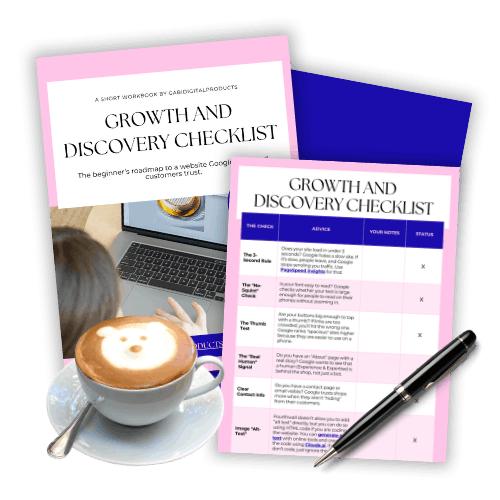 A rank a digital product shop checklist booklet and guide on a wooden table, alongside a cappuccino and a black pen, conveying a productive workflow for SEO optimization.