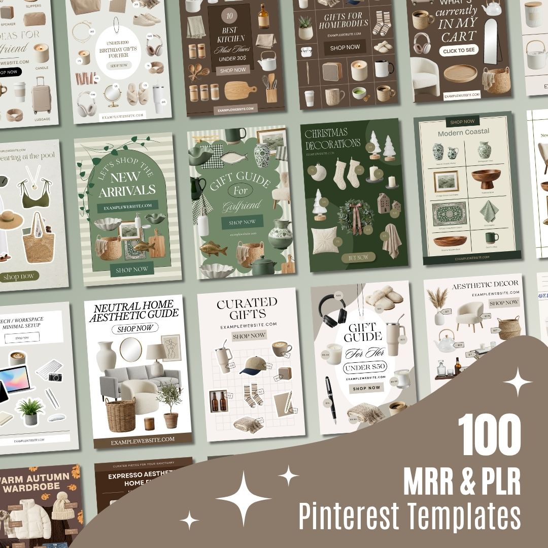 Collection of stylish Pinterest Canva home decor moodboard templates, kitchen items with earthy neutral tones and minimalist design.