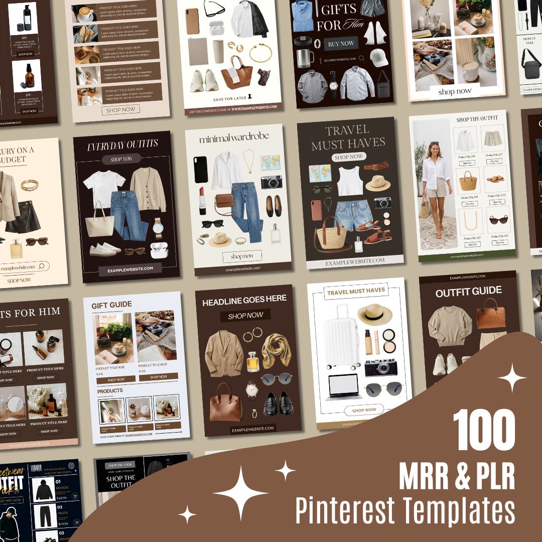 A collection of Pinterest templates featuring fashion and lifestyle themes, including outfits and travel essentials. The design is stylish and trendy, with neutral tones and modern layouts. Text overlay reads '100 MRR & PLR Pinterest Templates' in a bold, decorative font.