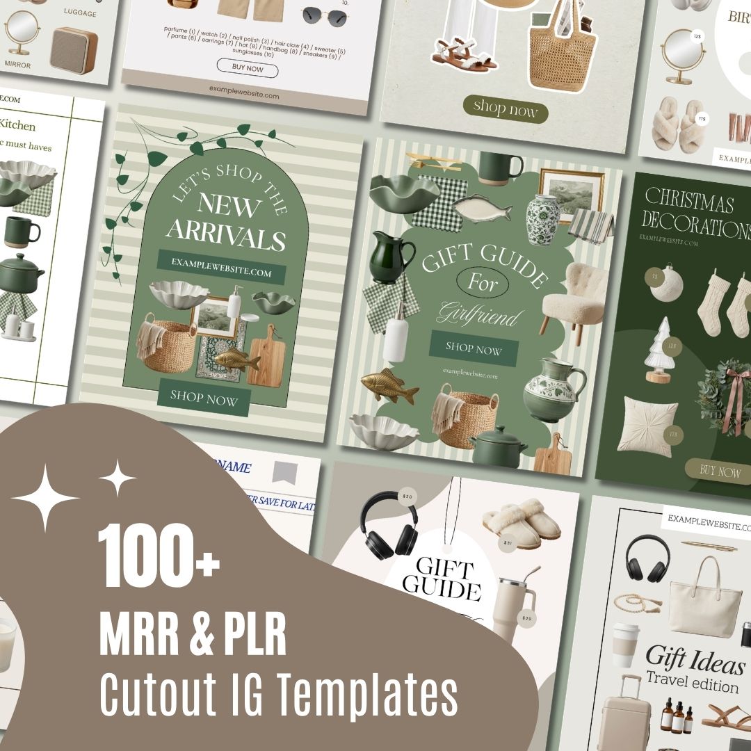 Collection of 100 stylish, neutral-toned interior design Instagram post templates for marketing, featuring cutout layouts for gifts, decor, and lifestyle product promotions.