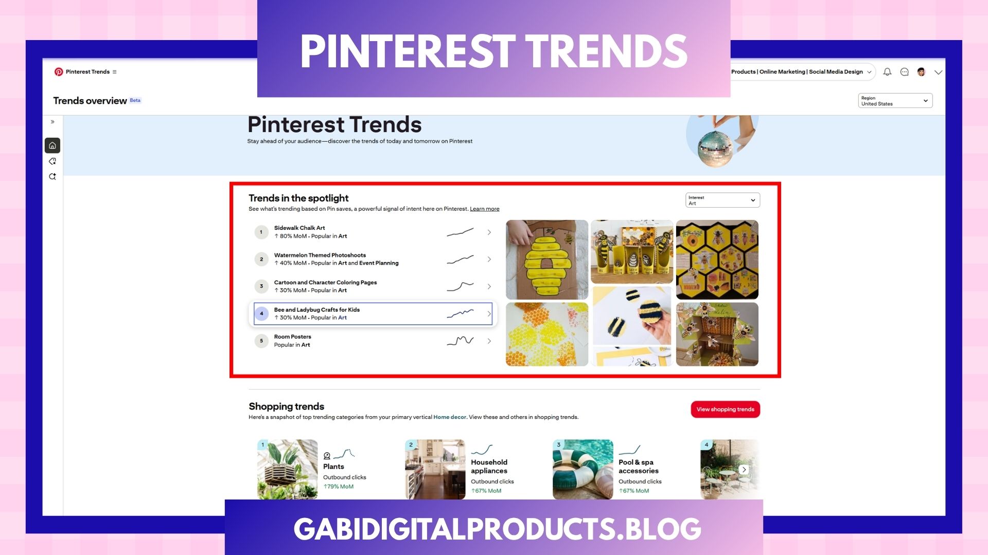 Screenshot of Pinterest Trends dashboard showing 'Trends in the spotlight' section with bee and ladybug crafts for kids highlighted. Various bee-themed craft images are displayed. The page has a modern, informative layout with a pastel purple gradient border. A banner at the bottom reads 'gabidigitalproducts.blog'.