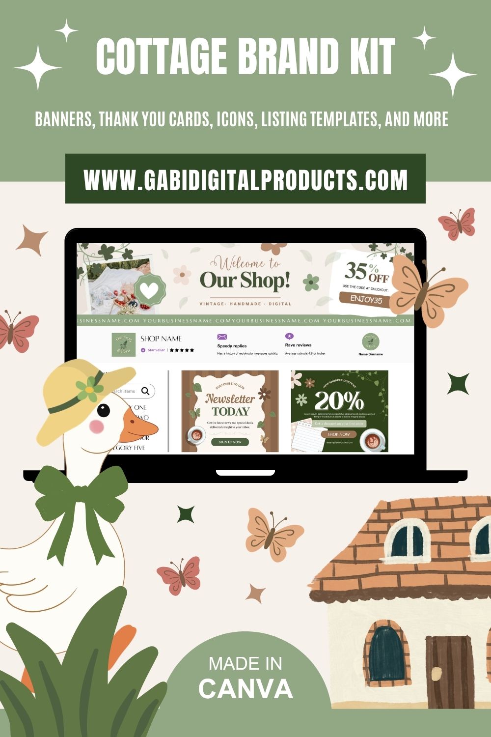 One of the low ticket digital products, Cottage Brand Kit ad with retro design. Includes banners, icons, and templates shown on a laptop screen. Decorated with butterflies, a duck in a hat, and a cottage. URL and 'Made in Canva' noted.