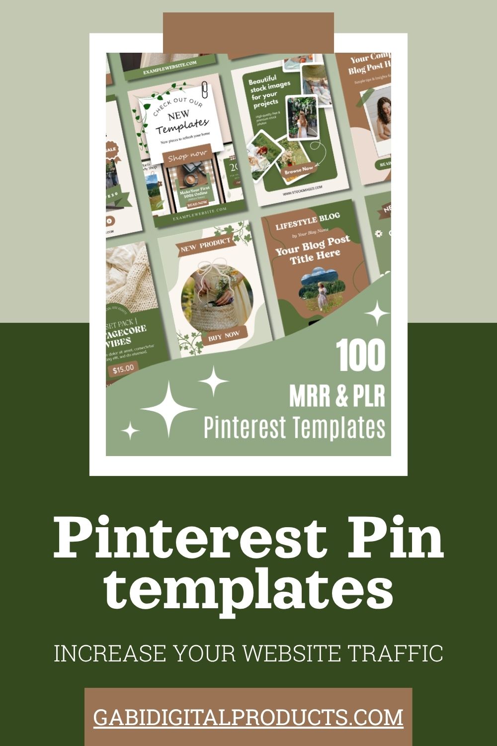Collage-style poster showcasing various Pinterest templates with nature and lifestyle themes. Text reads "100 MRR & PLR Pinterest Templates" and "Increase Your Website Traffic" at "gabi.digitalproducts.com."
