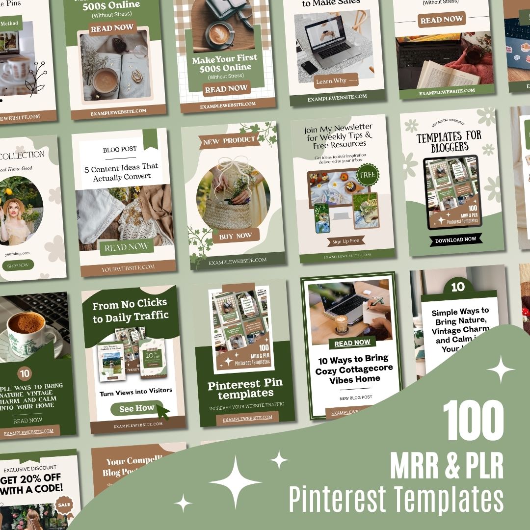 Collage of Pinterest templates promoting blog posts and resources. Designs feature earthy tones, cozy imagery, and call-to-action buttons. Text reads 100 MRR and PLR Pinterest Templates.