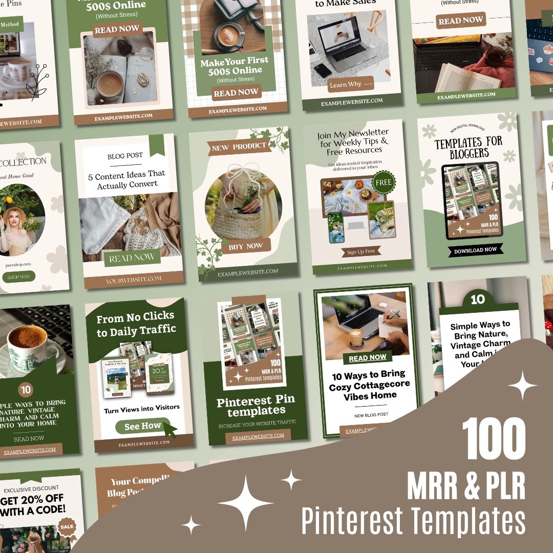 100 cottagecore-themed Canva Pinterest templates with MRR and PLR rights, designed for driving blog traffic, sharing content, and promoting digital products with a nature-inspired aesthetic.