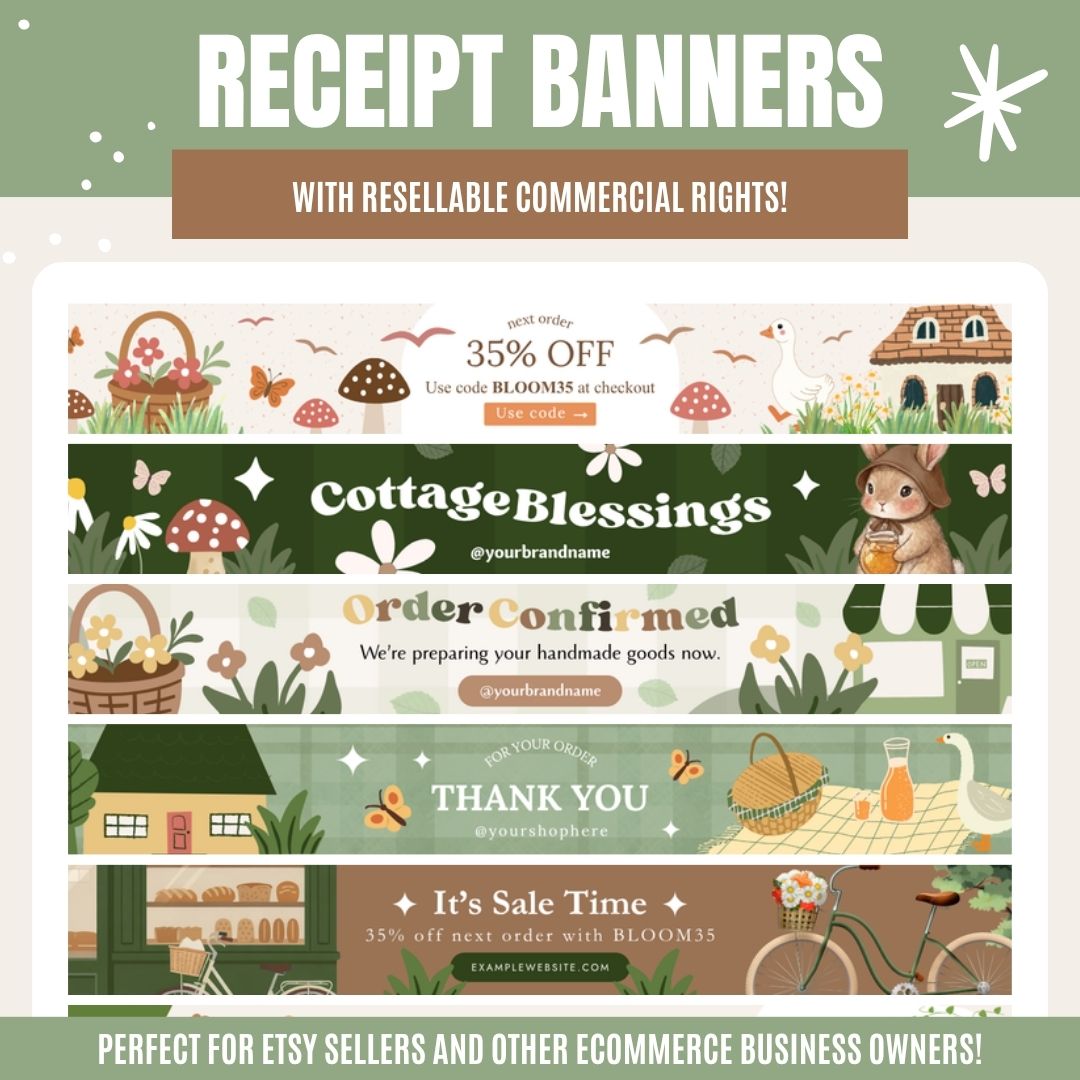 Six illustrated cottagecore order receipt banners with nature and gratitude themes for Etsy sellers