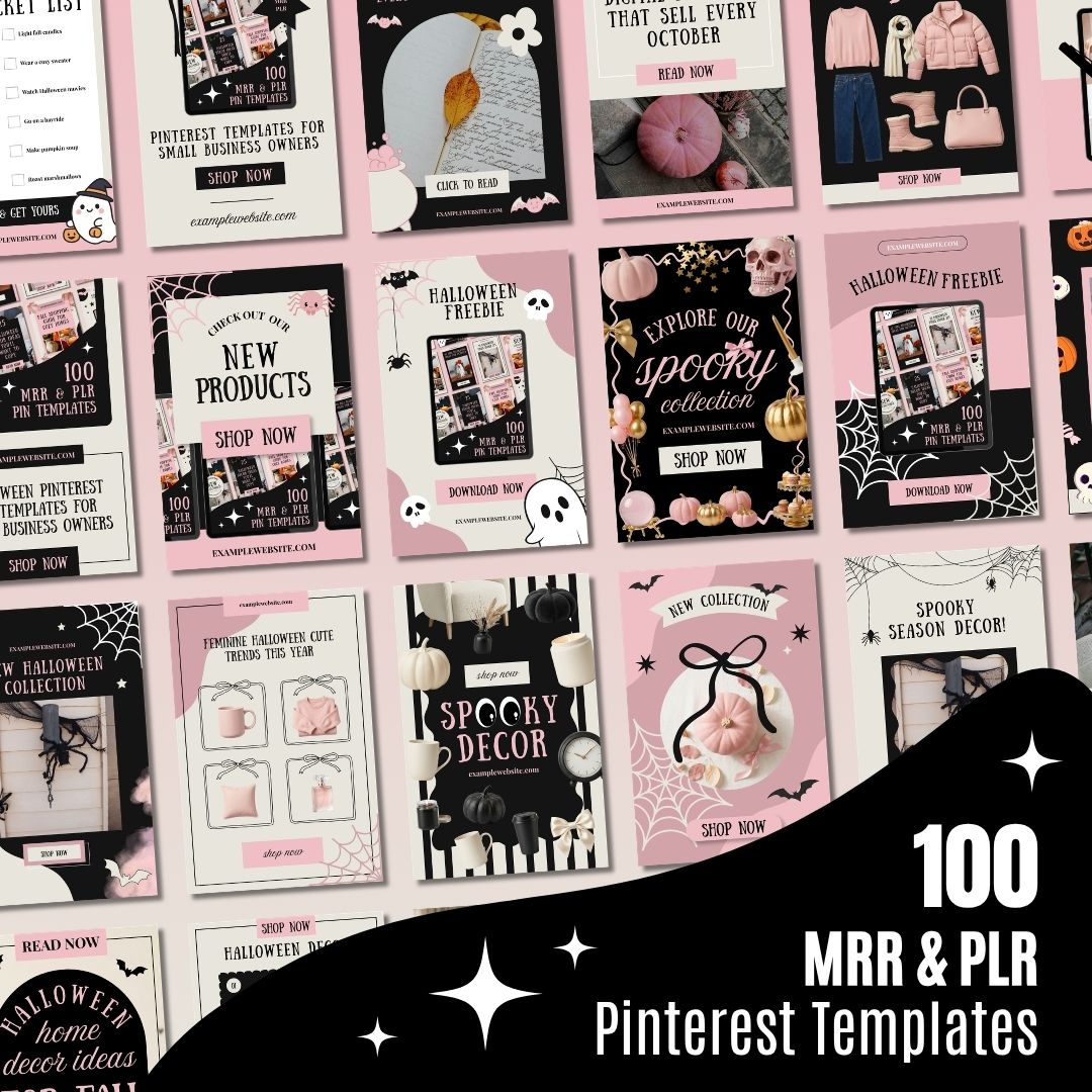 Set of 100 aesthetic Halloween Pinterest templates for Canva, featuring a feminine coquette style with MRR and PLR resale rights for digital product business owners.
