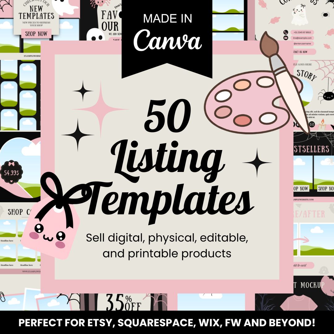 50 editable Canva listing templates for selling digital and physical products, featuring a cute coquette design perfect for Etsy, Squarespace, and Fourthwall shops.