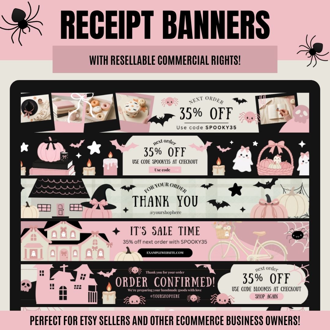 Editable coquette-style Halloween receipt banner templates for Etsy and Shopify sellers, designed to boost customer retention with discount code prompts and customizable branding.